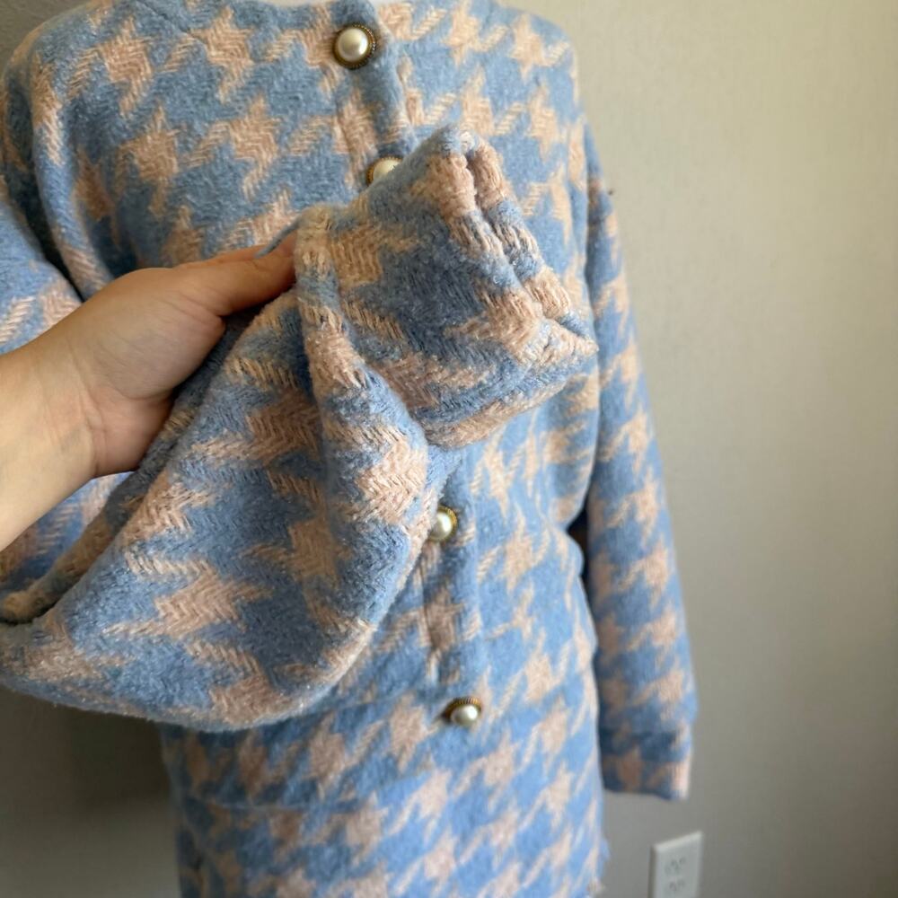 Storets Lori Houndstooth 2 Piece Set Sky Blue Pink Wool Cardigan Skirt Womens M - Picture 4 of 10